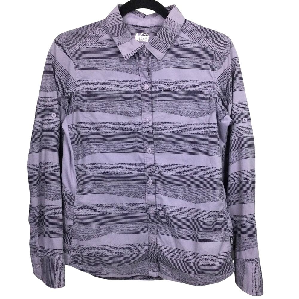 REI CO OP Sahara Gorpocre Outdoors Hiking Roll Tab Gray Purple Vented Shirt S